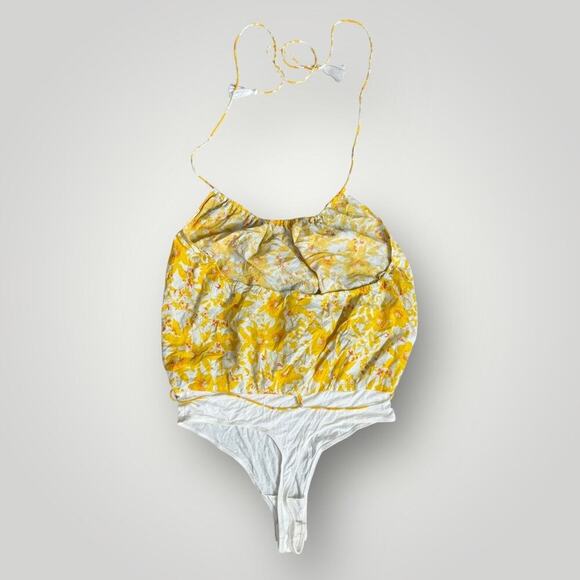 Intimately Free People Women's Liza Floral Tassel Lace up Bodysuit Yellow sz M - Picture 2 of 8